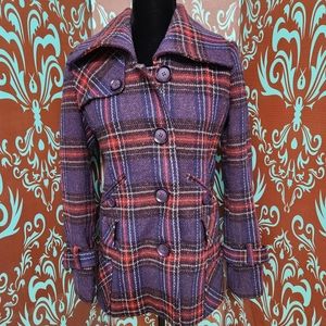 Moda International Purple and Red Plaid Wool Blend Coat